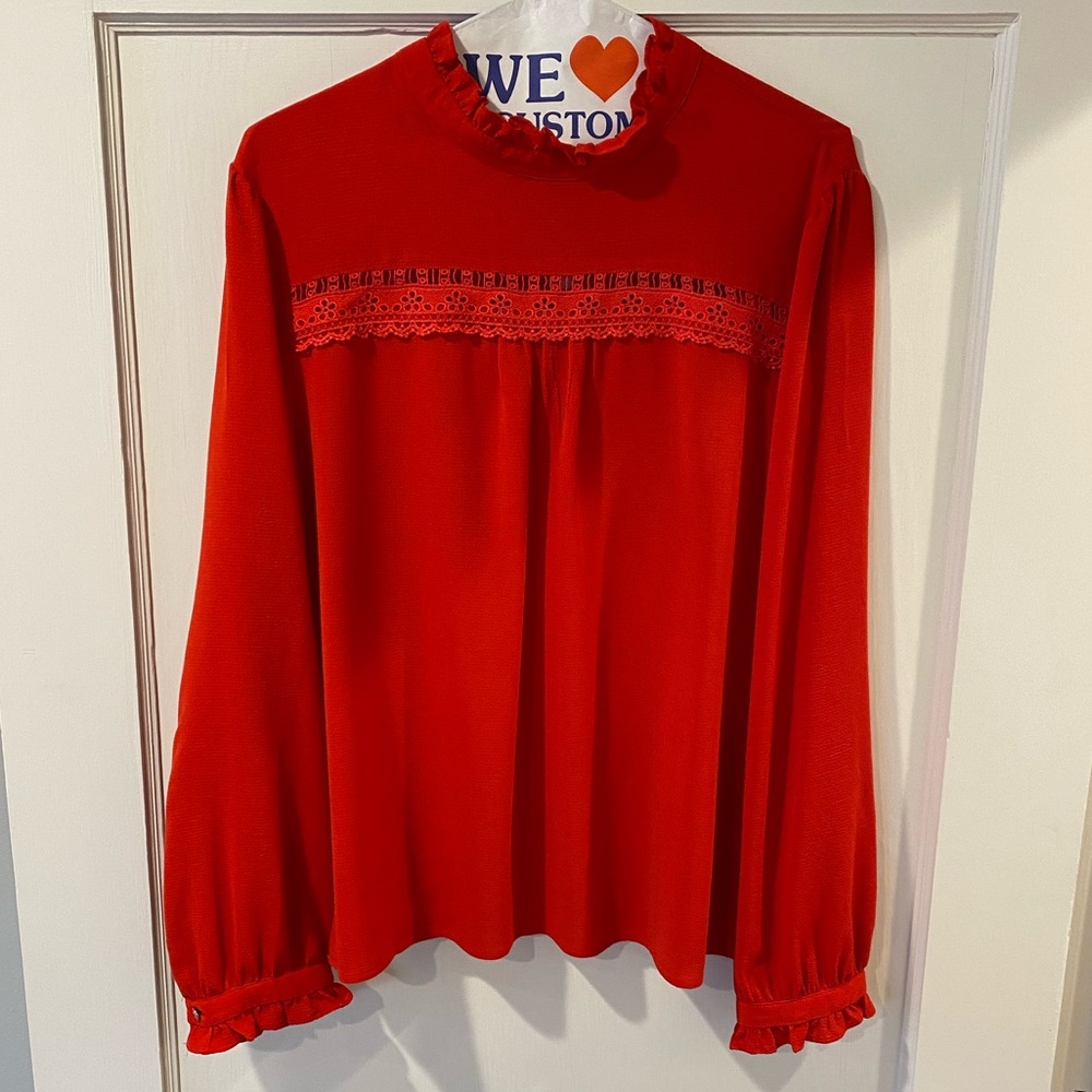 Cece mock neck ruffle detail blouse.